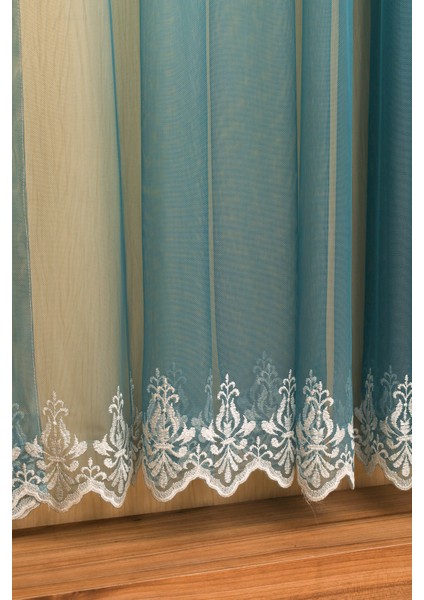 Degrade Renk Geçişli Petrol Mavi Etekleri Nakışlı Pilesiz Tül Perde fırsatları