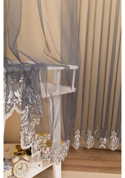 Degrade Renk Geçişli Antrasit Koyu Gri Etekleri Nakışlı 1-2 Seyrek Pile Tül Perde fiyatları