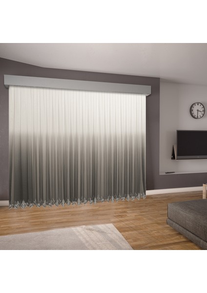 Degrade Renk Geçişli Antrasit Koyu Gri Etekleri Nakışlı 1-2 Seyrek Pile Tül Perde modelleri