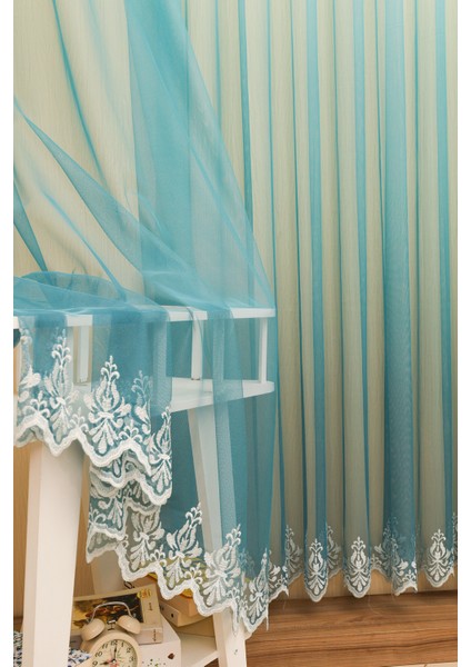 Degrade Renk Geçişli Petrol Mavi Etekleri Nakışlı 1-2,5 Orta Pile Tül Perde fiyatları