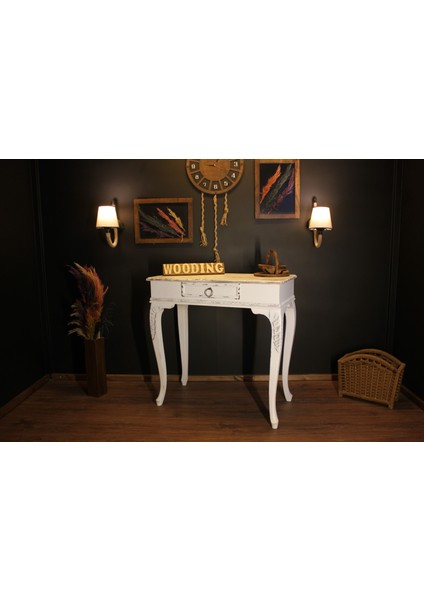 Wooding 80 cm Masif Eskitme Beyaz Oymalı Dresuar