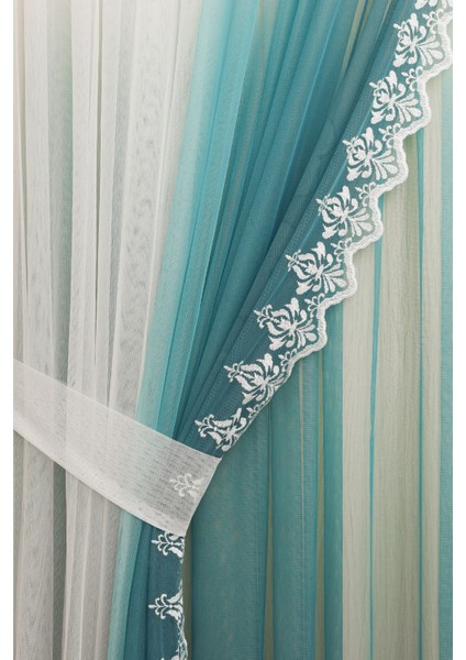 Degrade Renk Geçişli Petrol Mavisi Etekleri Nakışlı Iç Tül ve Fon Komple Takım Seyrek Pile Tül Perde modelleri