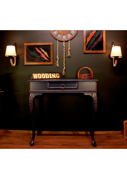 Wooding 80 cm Masif Eskitme Lacivert Oymalı Dresuar