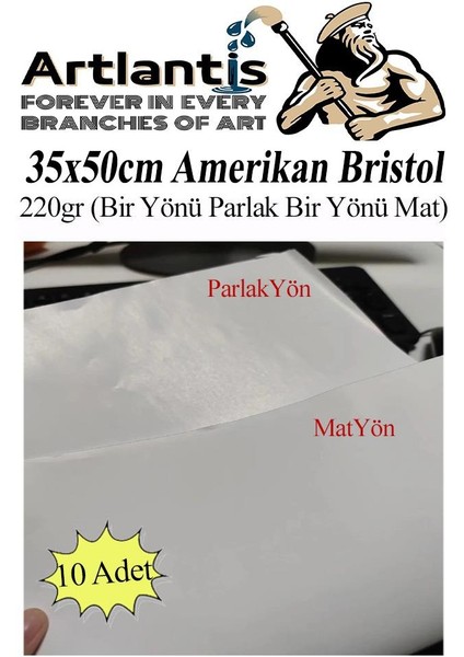 Amerikan Bristol Karton 35 x 50 cm 10 Adet 220 gr Bir Tarafı Parlak Bir Tarafı Mat Kağıt Biristol Karton
