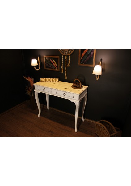 Wooding 100 cm Masif Eskitme Beyaz Oymalı Dresuar