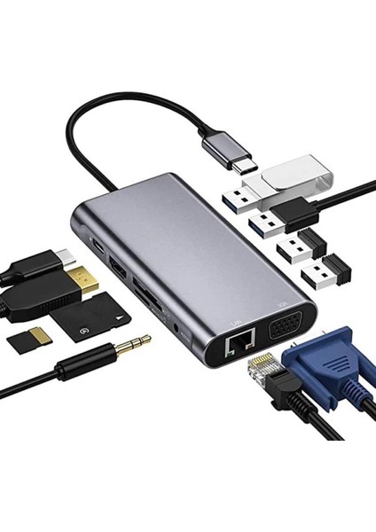 11IN1 USB C Hub Type-C HDMI 4K Thunderbolt 3 Docking Station Laptop Adaptör Aux Sd Tf Kart RJ45 Vag