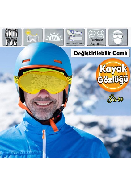 Kayak Gözlüğü Değiştirebilir Camlı Antifog Güneş Kar Gözlük Sarı Snowboard Glasses Gözlük