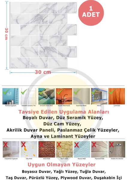 3D 30×30CM Mutfak Tezgah Arkası Kaplama Kendinden Yapışkanlı Beyaz Mermer Seramik Görünüm