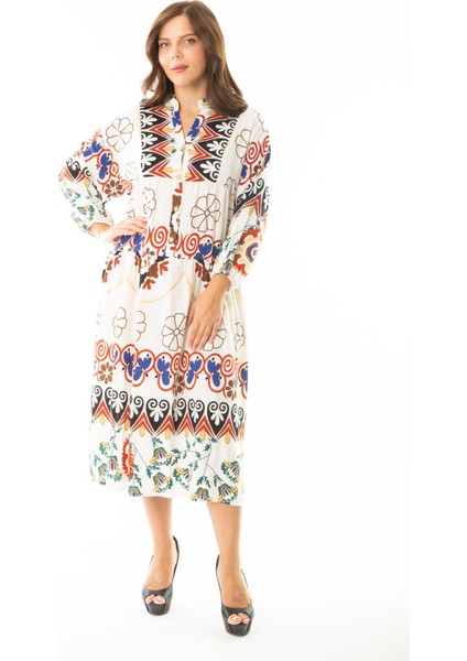 Kadın Büyük Beden Saks Dokuma Viskon Kumaş Ön Yarım Düğmeli Uzun Kollu Elbise 65N36886