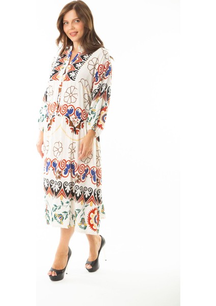 Kadın Büyük Beden Saks Dokuma Viskon Kumaş Ön Yarım Düğmeli Uzun Kollu Elbise 65N36886 fiyatları