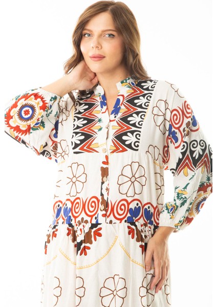 Kadın Büyük Beden Saks Dokuma Viskon Kumaş Ön Yarım Düğmeli Uzun Kollu Elbise 65N36886 modelleri