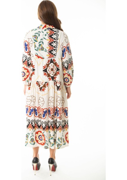 Kadın Büyük Beden Saks Dokuma Viskon Kumaş Ön Yarım Düğmeli Uzun Kollu Elbise 65N36886 fırsatları