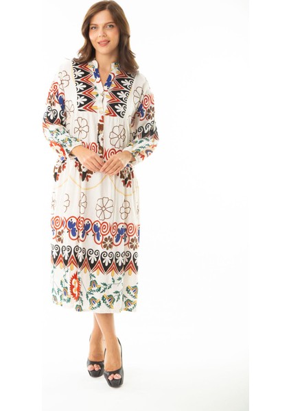 Kadın Büyük Beden Saks Dokuma Viskon Kumaş Ön Yarım Düğmeli Uzun Kollu Elbise 65N36886 indirimleri