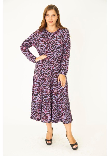 Kadın Büyük Beden Lila Öpücük Yaka Katlı Uzun Kollu Elbise 65N36913