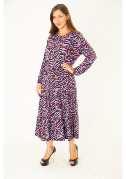 Kadın Büyük Beden Lila Öpücük Yaka Katlı Uzun Kollu Elbise 65N36913 fiyatları