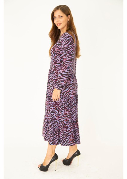 Kadın Büyük Beden Lila Öpücük Yaka Katlı Uzun Kollu Elbise 65N36913 modelleri