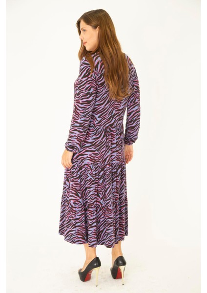 Kadın Büyük Beden Lila Öpücük Yaka Katlı Uzun Kollu Elbise 65N36913 fırsatları