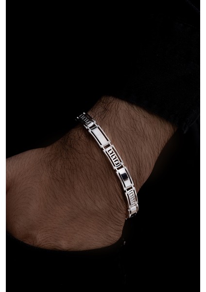 Beyaz Grek Desenli Gümüş Erkek Bileklik Künye