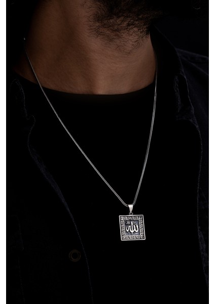 Allah Yazılı Erkek Gümüş Kolye Zincir Büyük Boy