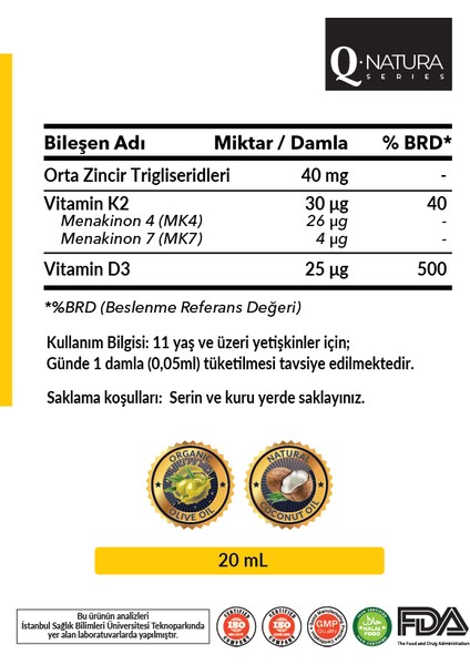 D3K2 20 ml - Organik Zeytinyağı + Mtc Oil