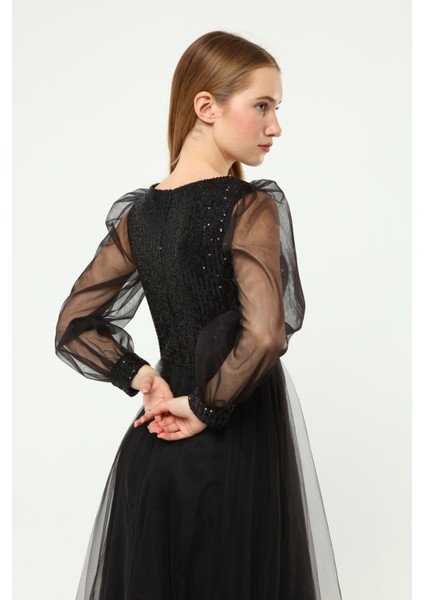 Payet Detaylı V Yaka Tül Abiye Elbise fiyatları