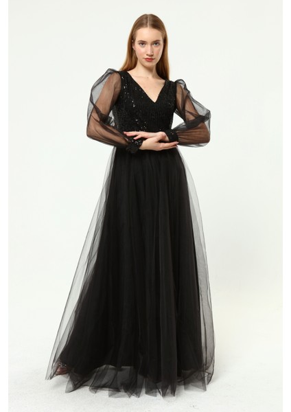 Payet Detaylı V Yaka Tül Abiye Elbise indirimleri