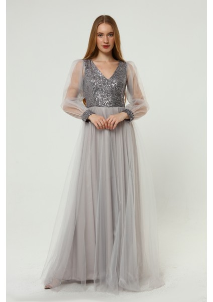 Payet Detaylı V Yaka Tül Abiye Elbise fiyatları