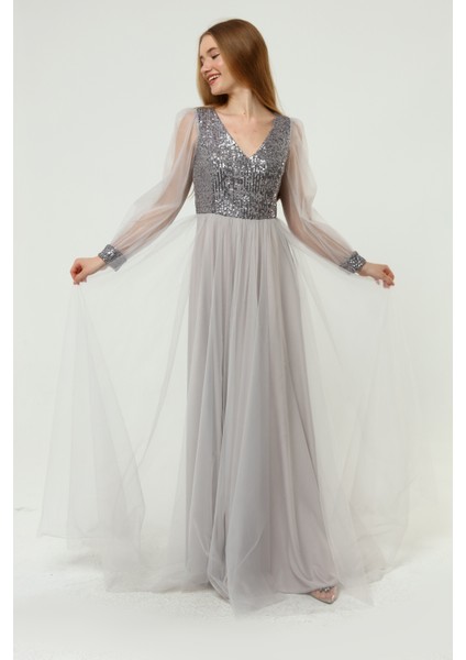 Payet Detaylı V Yaka Tül Abiye Elbise modelleri