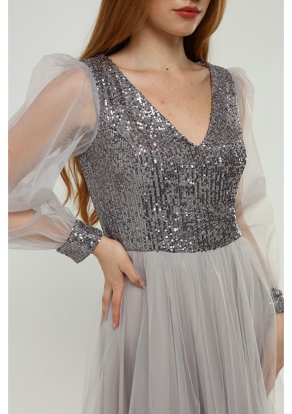 Payet Detaylı V Yaka Tül Abiye Elbise indirimleri