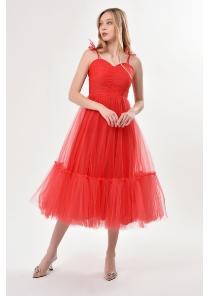 Omuzları Bağlamalı Renkli Tül Abiye Elbise fiyatları