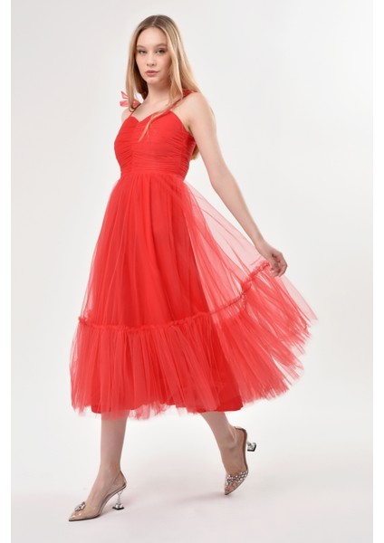 Omuzları Bağlamalı Renkli Tül Abiye Elbise modelleri