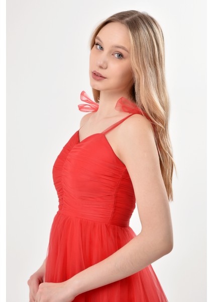 Omuzları Bağlamalı Renkli Tül Abiye Elbise fırsatları