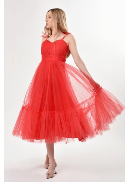 Omuzları Bağlamalı Renkli Tül Abiye Elbise indirimleri