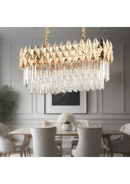 Rodya 80'lik Sıralı Gold Kristal Taşlı Modern Yemek Odası Salon Sarkıt Avize
