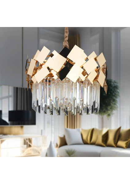 Roshan 50'lik Yuvarlak Gold Kristal Taşlı Modern Oturma Odası Salon Sarkıt Avize