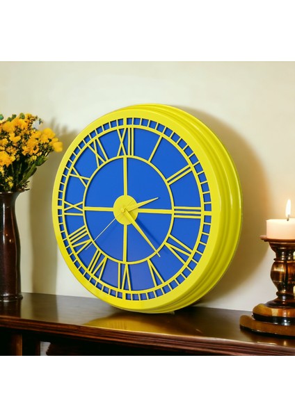 Sarı Lacivert Metal Çerçeveli Salon Otel Ofis Duvar Saati 40 cm Camsız