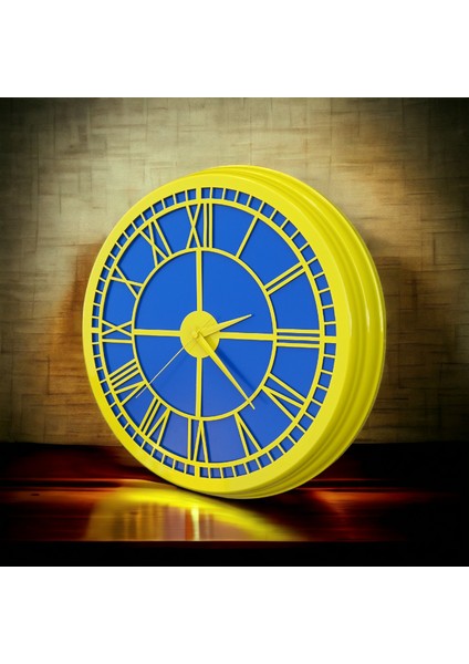 Sarı Lacivert Metal Çerçeveli Salon Otel Ofis Duvar Saati 40 cm Camsız fırsatları