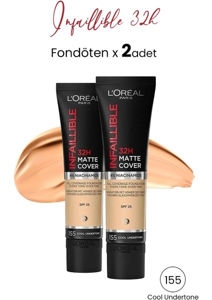 Loreal Paris Infaillible 32H Matte Cover Yüksek Kapatıcı Fondöten - 155 Soğuk Alt Ton 30 ml x 2 Adet