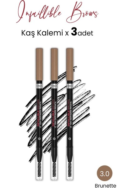 L'Oréal Paris Loreal Paris Infaillible Brow 12H 3.0 Brunette Definer Pencil - Kaş Kalemi x 3 Adet