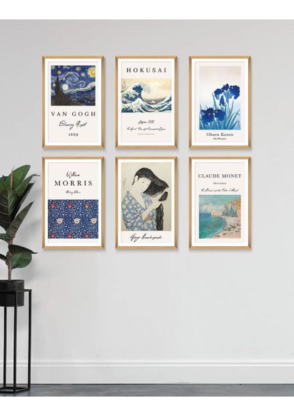 6 Parça Ahşap Çerçeve Görünümlü Dekoratif Hediyelik Mdf Tablo, Van Gogh, Hokusai, Morris Gibi..