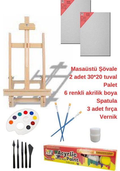 Resim - Boya Seti Lüks - Masa Şövalesi, 2 Adet Tuval, Resim Verniği, Akrilik Boya, Palet, (Şövalye) Lüks Resim Seti