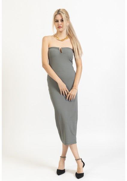 Straplez Göğüs Dekolteli Midi Boy Strech Elbise, Uzun Elbise, Kolsuz Elbise, Şık Elbise, Trend