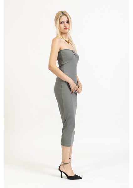 Straplez Göğüs Dekolteli Midi Boy Strech Elbise, Uzun Elbise, Kolsuz Elbise, Şık Elbise, Trend modelleri