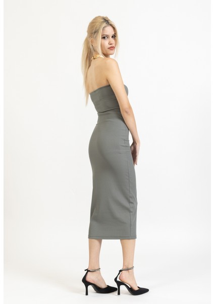 Straplez Göğüs Dekolteli Midi Boy Strech Elbise, Uzun Elbise, Kolsuz Elbise, Şık Elbise, Trend fırsatları