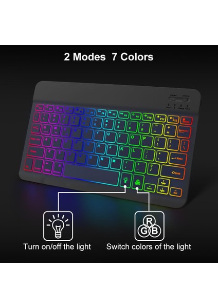 Rgb 7 Renk Rainbow Bluetooth Kablosuz Türkçe Klavye - Android Ios Windows Uyumlu - Şarjlı - 10 Inç - Multimedia - Ultra Ince Tasarım