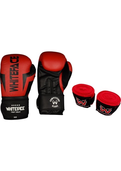 Whiteface Nova4 Boks-Kickboks-Muay Thai Eldiveni +3,5 M Bandaj Set (Kırmızı-Siyah) 8-10-12 Oz.