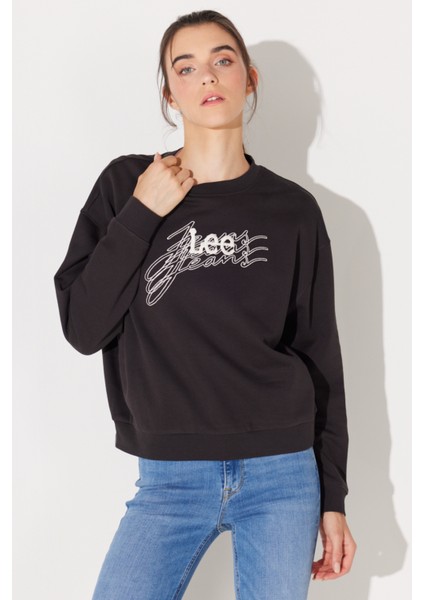 Relaxed Fit Geniş Kesim %100 Pamuk Bisiklet Yaka Şardonlu Antrasit Sweatshirt