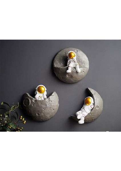 Dekoratif Modern Büyük Boy Üçlü Astronot ve Ay Figürlü Çocuk Odası Dekor Ev Duvar Dekorasyon