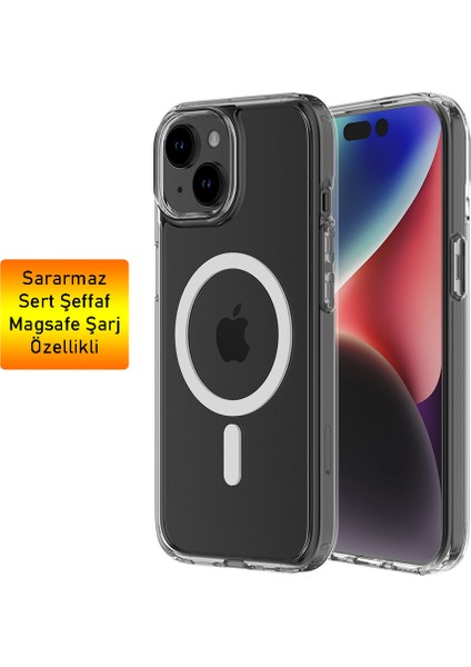 iPhone 15 Plus Uyumlu Kılıf Sararmaz Sert Şeffaf Magsafe Şarj Özellikli Toz Korumalı Slim Fit