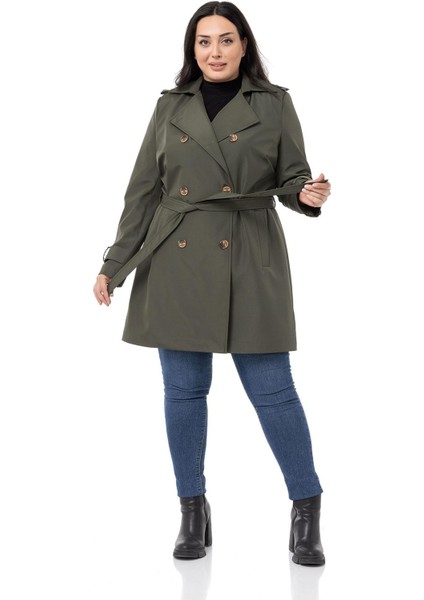 Büyük Beden Kruvaze Fleto Cepli Kuşaklı Apoletli Astarlı Haki Trençkot